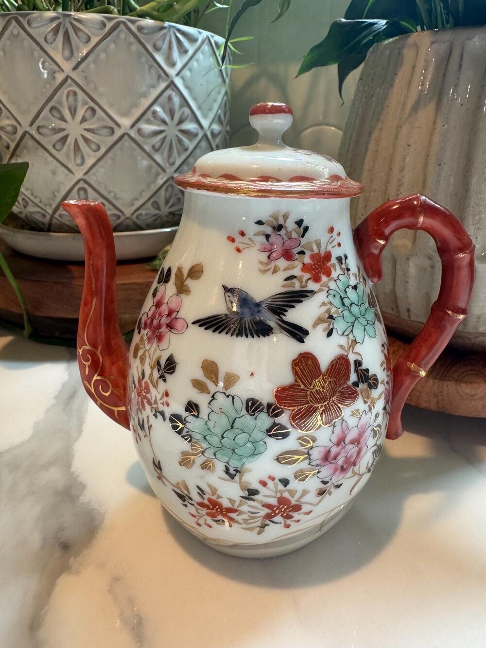 Vintage Kutani Hand painted Chinoiserie Teapot with Bamboo Motif